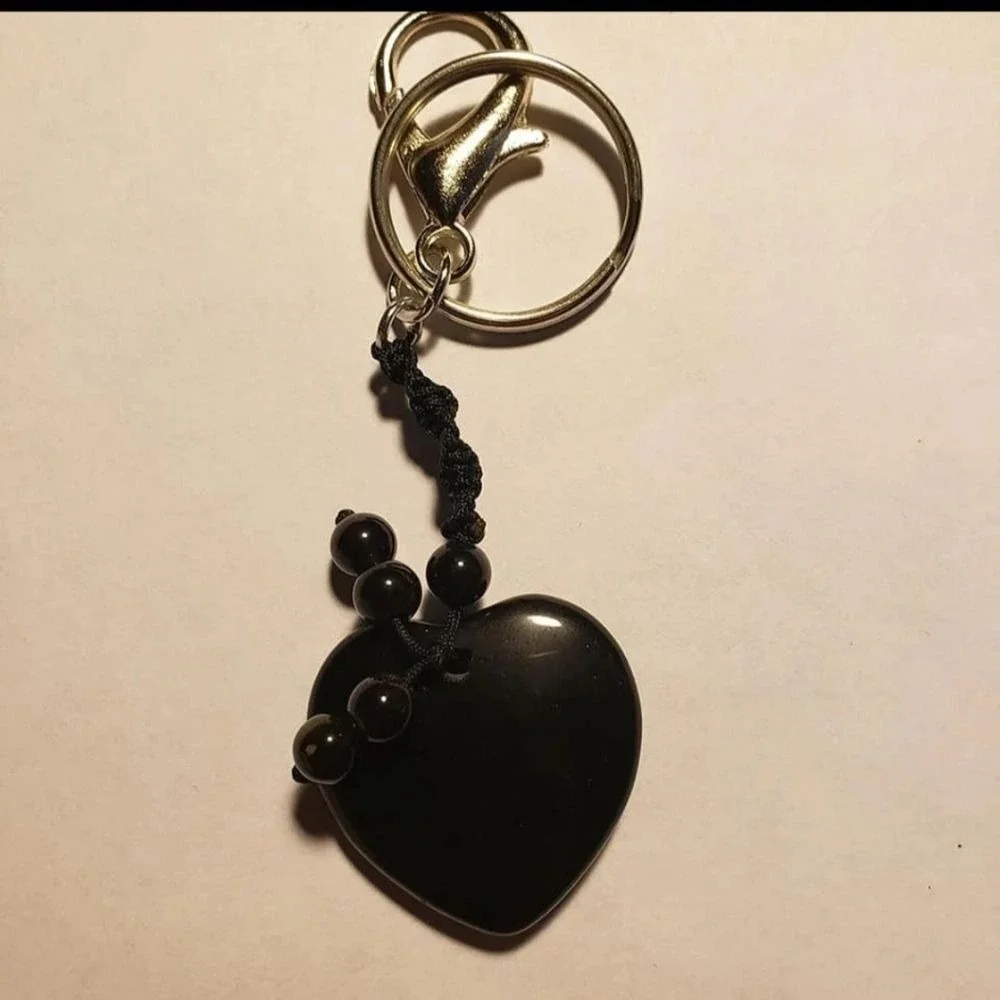 Black‎ Obsidian or Rose Quartz Polished Crystal Heart Stone Keychain - NEW